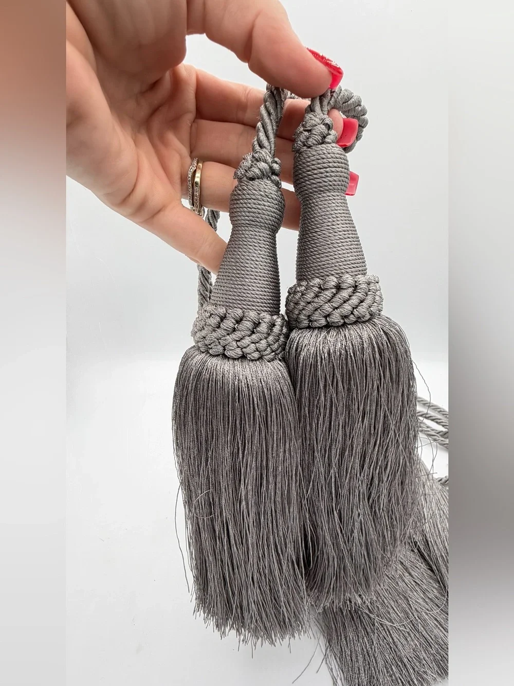 Pair Silver Gray Double Tassel Curtain Tiebacks Braided Rope Drapery Holdbacks